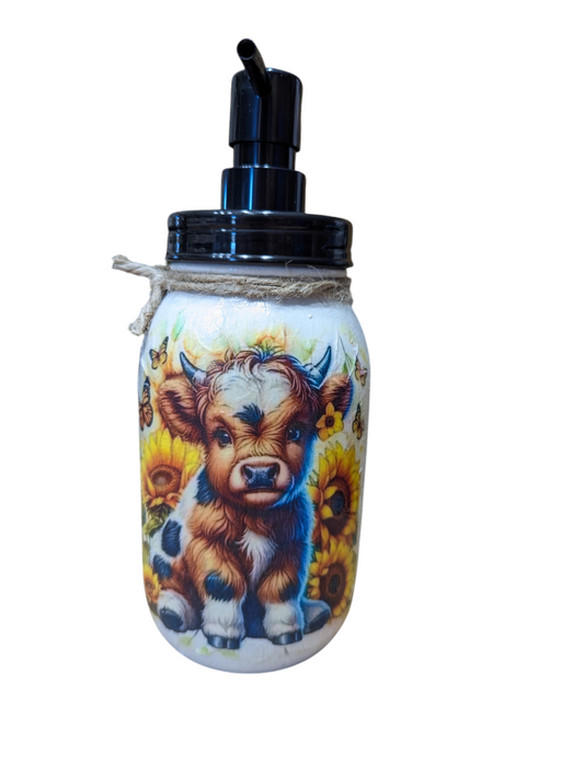 Baby Highland Cow with Sunflowers Mason jar