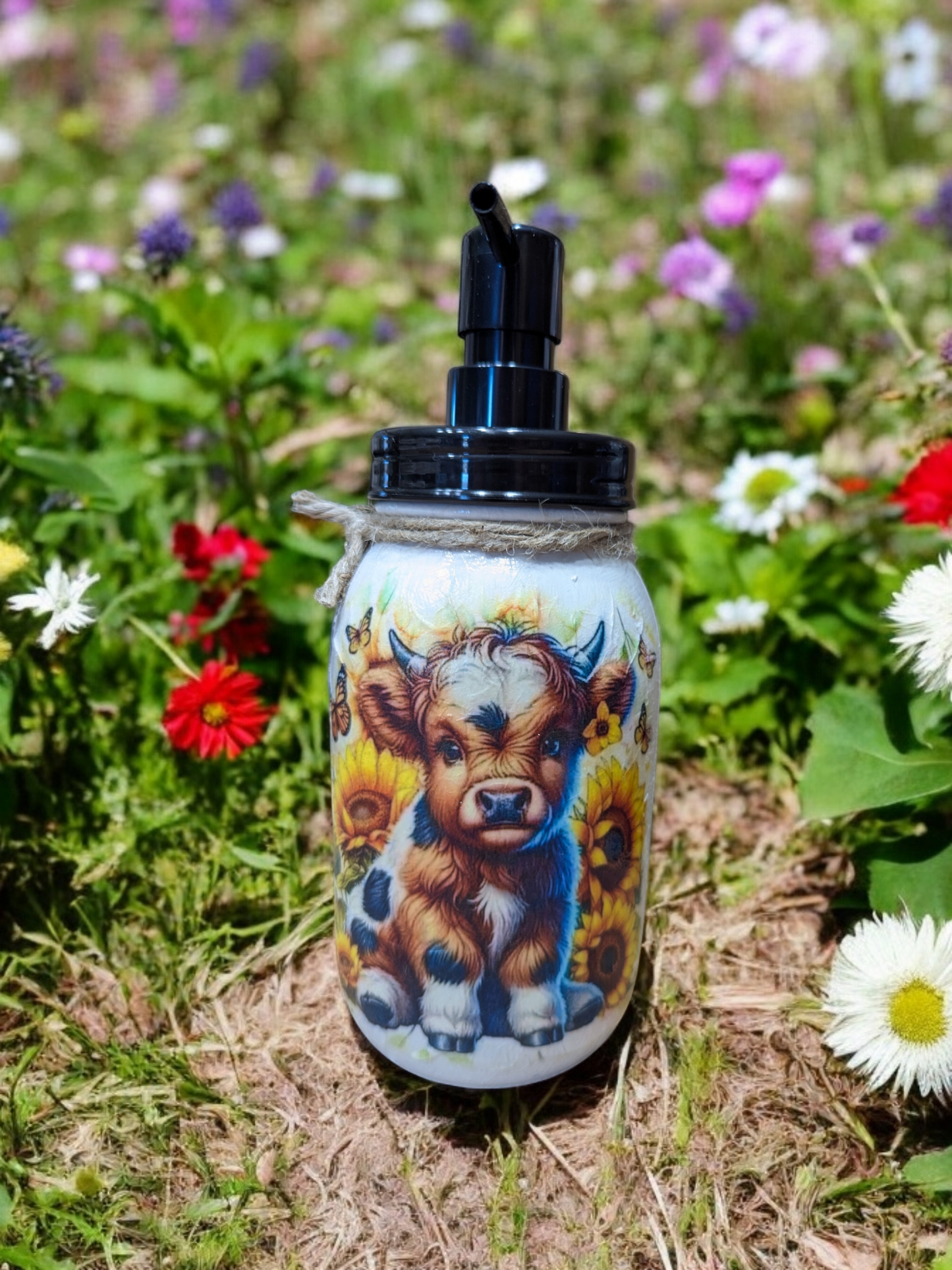 Baby Highland Cow with Sunflowers Mason jar