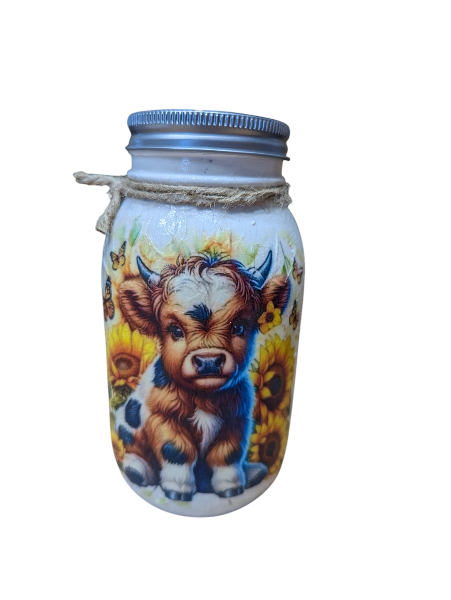 Baby Highland Cow with Sunflowers Mason jar