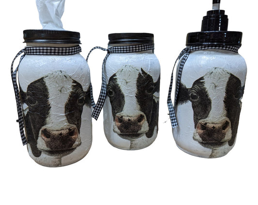 Holstein Dairy Cow Mason Jar Bathroom Accessory Set