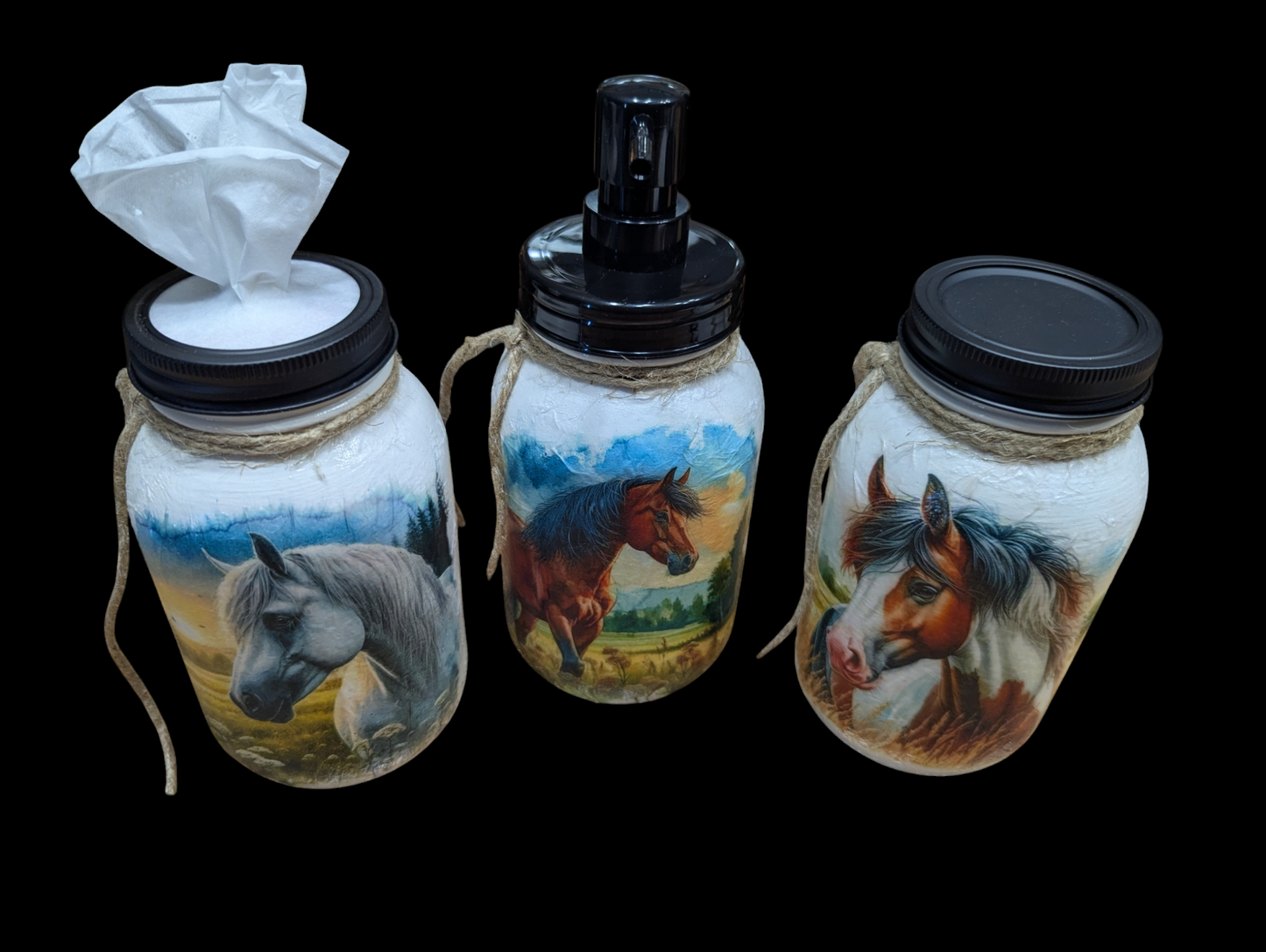 Horse Trio Bathroom Accessory Set, Mason Jars