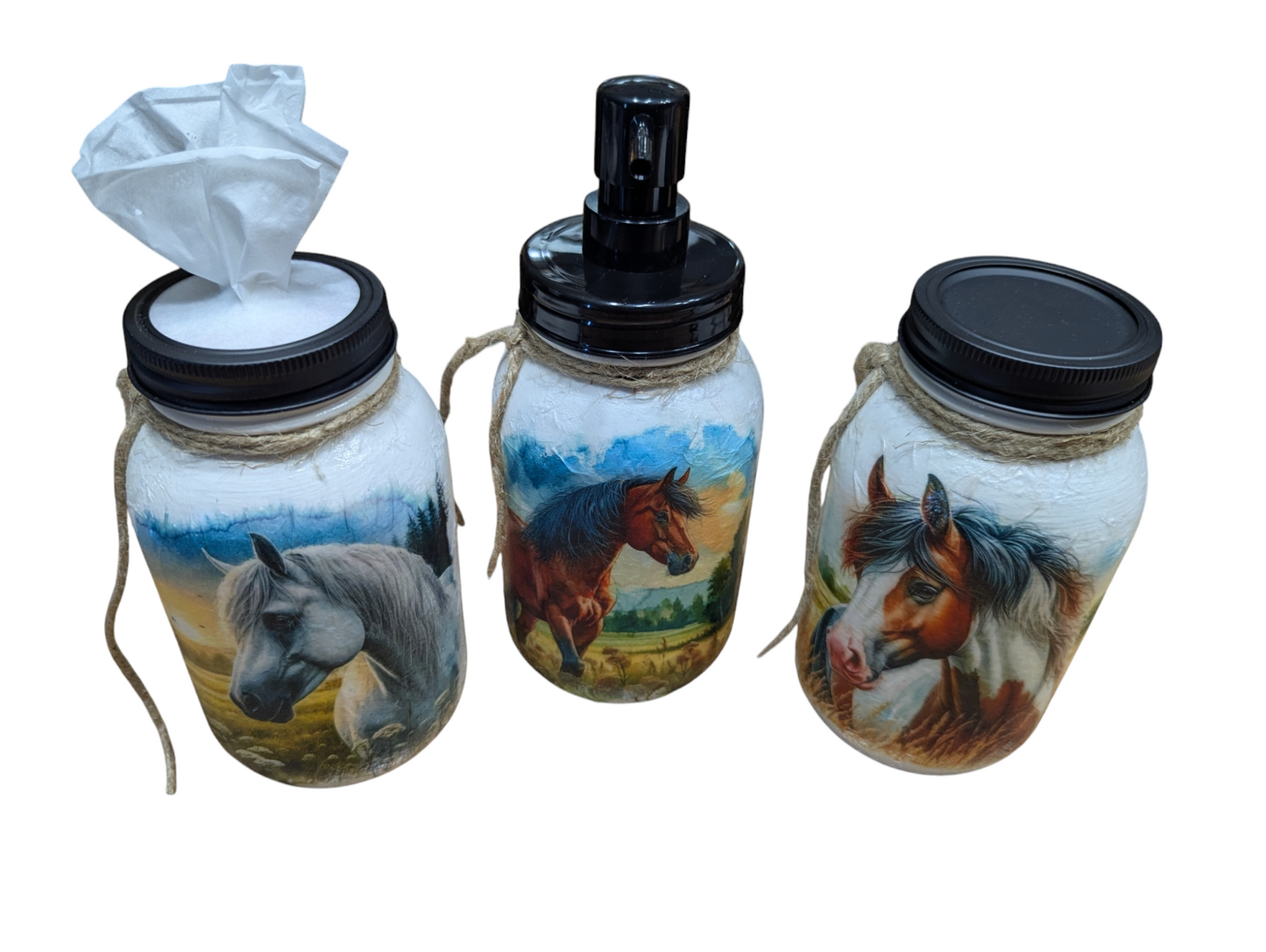 Horse Trio Bathroom Accessory Set, Mason Jars