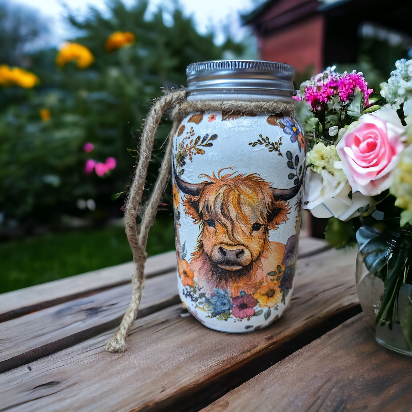 Highland Cow Mason Jar with Lid Choice (soap pump, tissue dispenser coin bank, vase,or light)