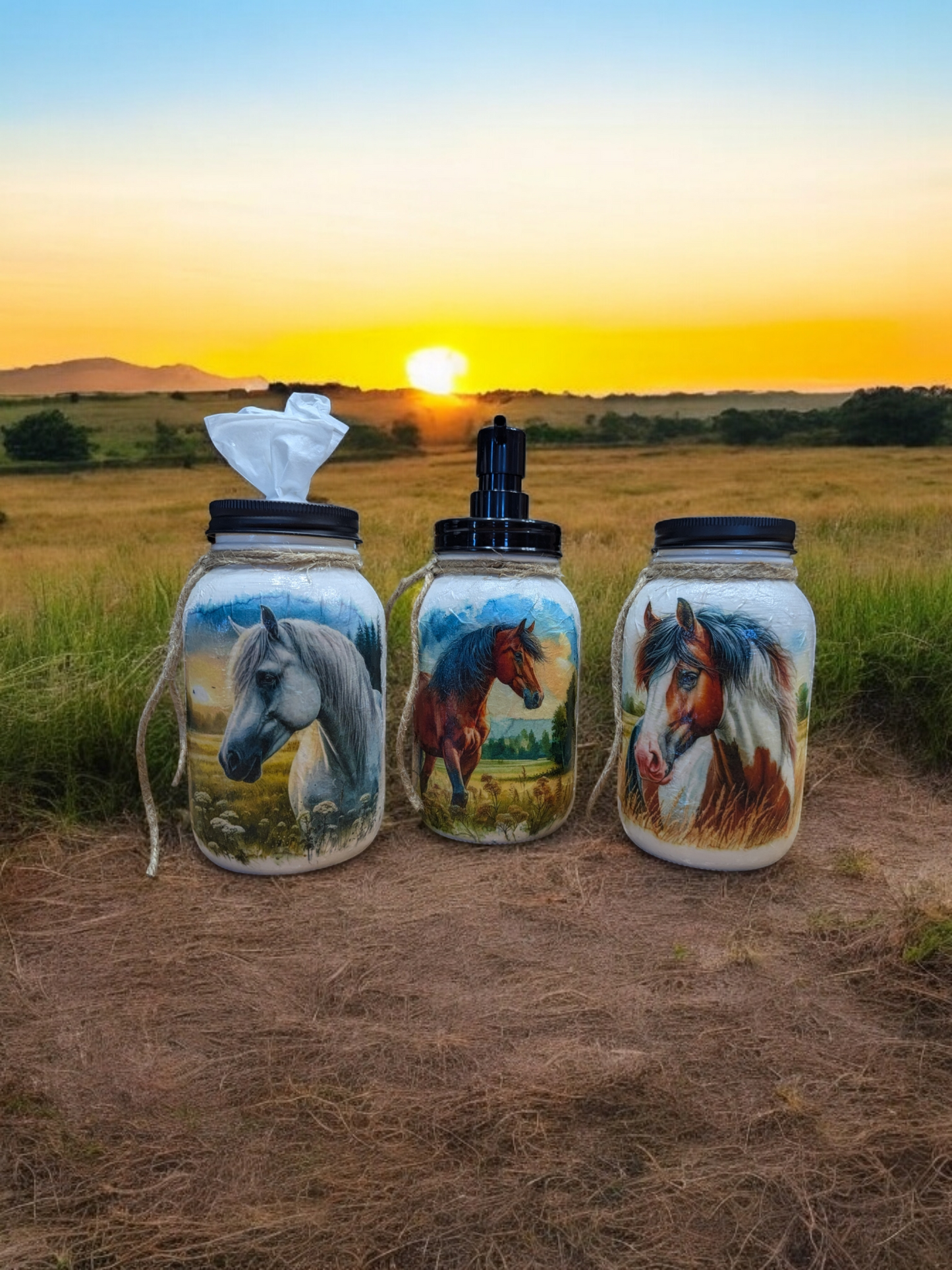 Horse Trio Bathroom Accessory Set, Mason Jars