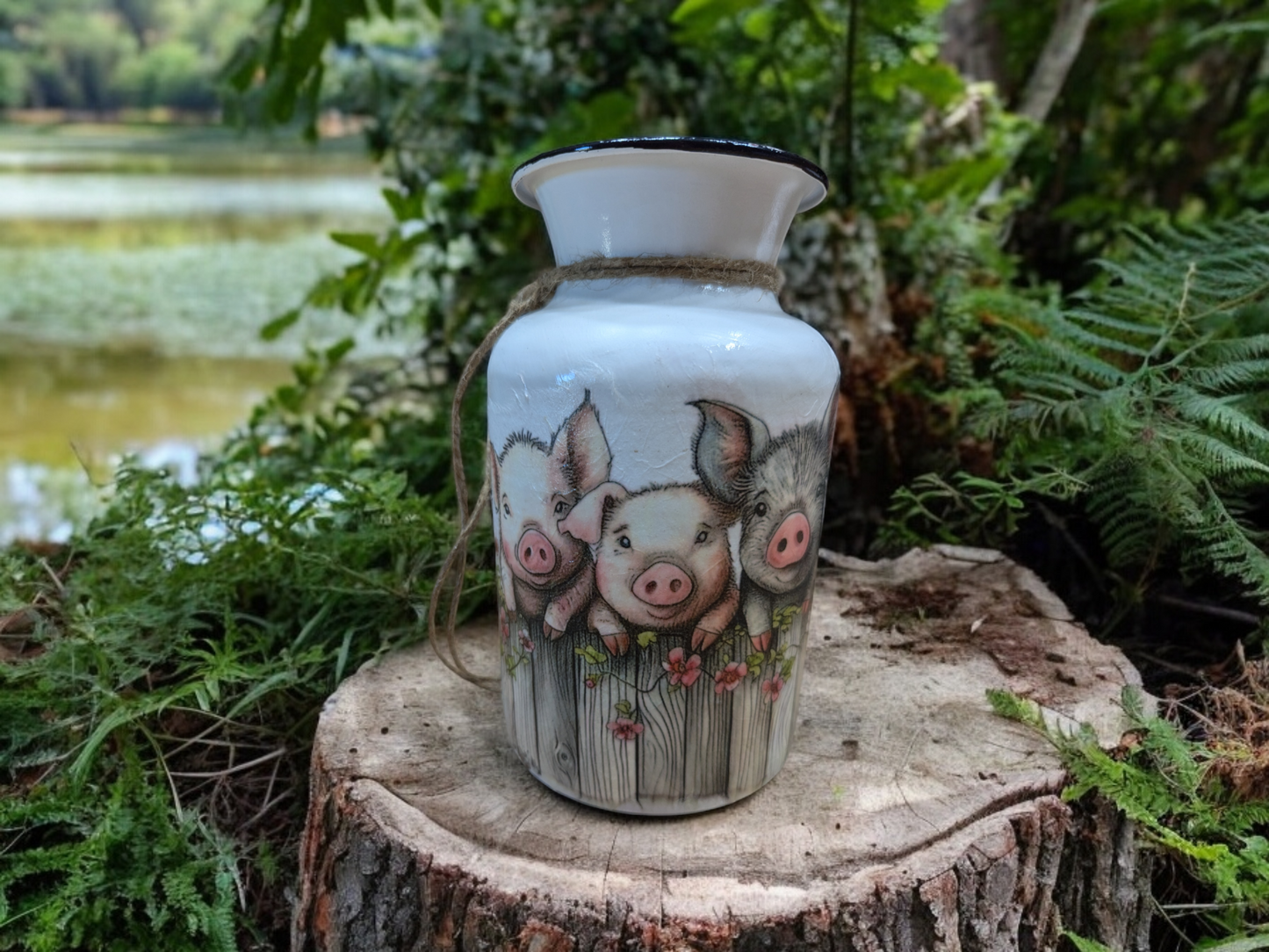 Pigs on a Fence Milk Jug Vase