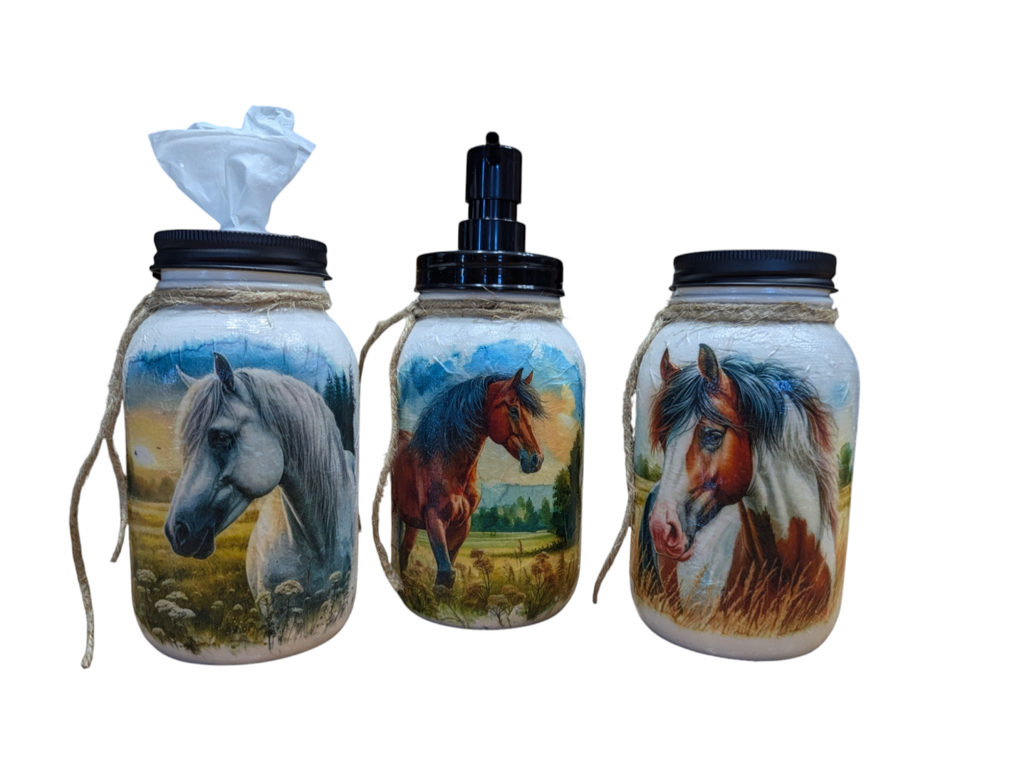 Horse Trio Bathroom Accessory Set, Mason Jars