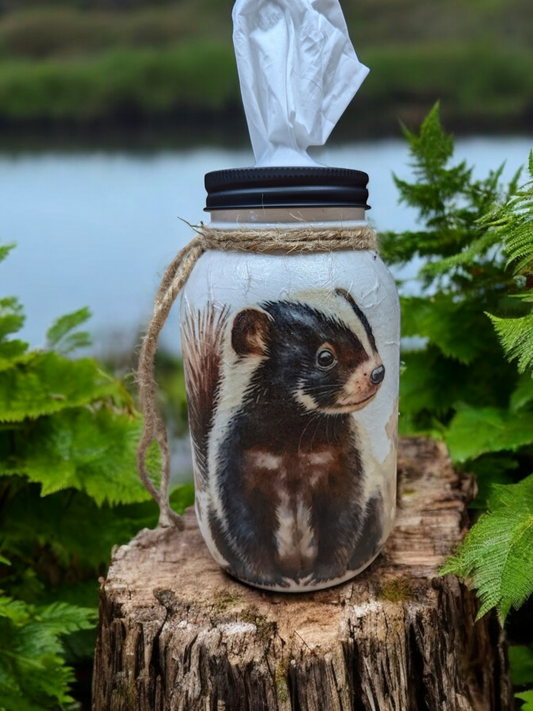 Adorable Skunk Mason Jar with Lid Choice (soap pump, tissue dispenser, coin bank, vase, light)